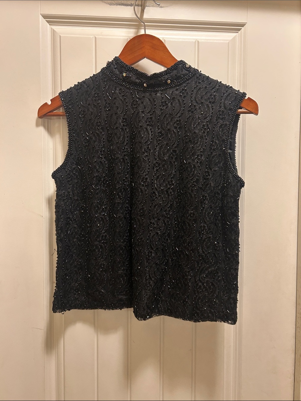 Vintage Harilela’s Embellished beaded lace Sleeveless Mock Neck Top - Black